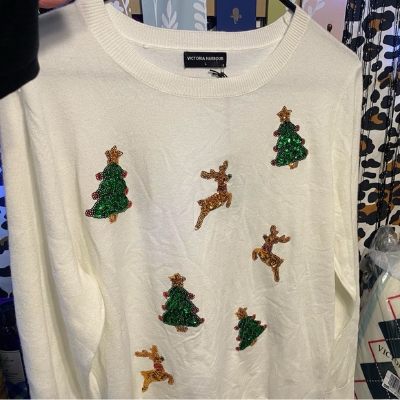 CHRISTMAS WHITE RIBBED KNIT VICTORIA HARBOR CREW NECK SWEATER - Picture 5 of 6